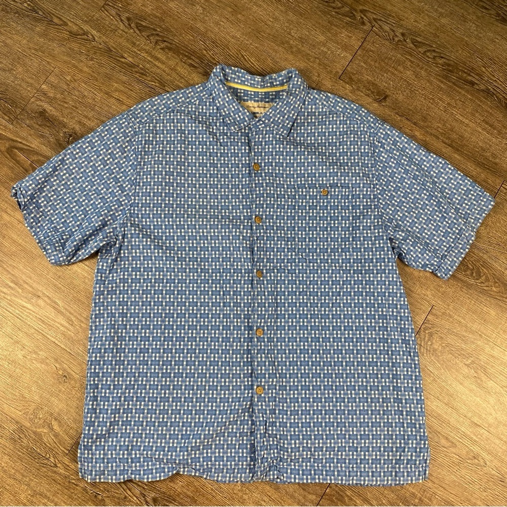 Tommy Bahama Shirt Men Plaid Silk Blend XL Blue Wood Button Short Sleeve Beach